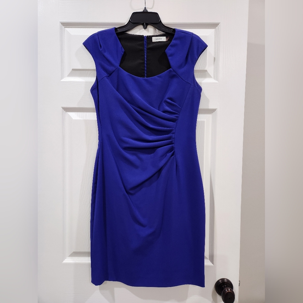Calvin Klein Ruched Sheath Dress, Purple, Lined, Cutout Neck Size 8